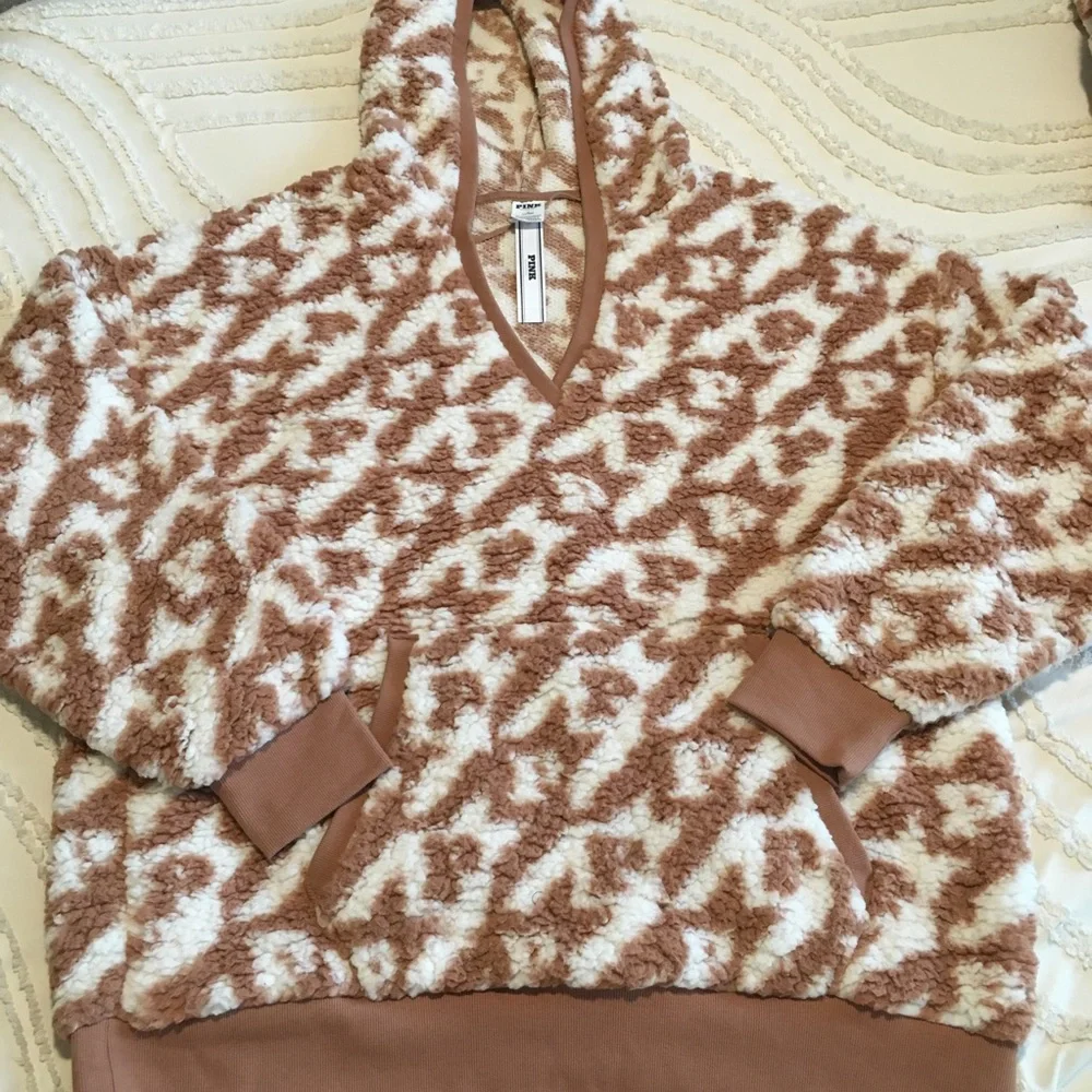 PINK Victoria's Secret Cream & Tan Sherpa Hooded Vest